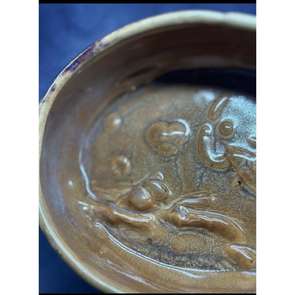 Art Pottery Large Serving Bowl Mermaid Swimming Handmade Ears Brown Glaze